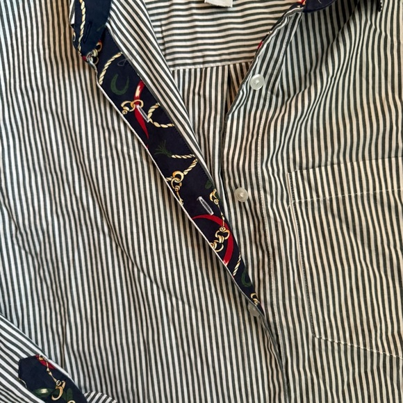 Vintage Talbots Small Green & White Striped Preppy Equestrian Button Down Blouse - Picture 5 of 6